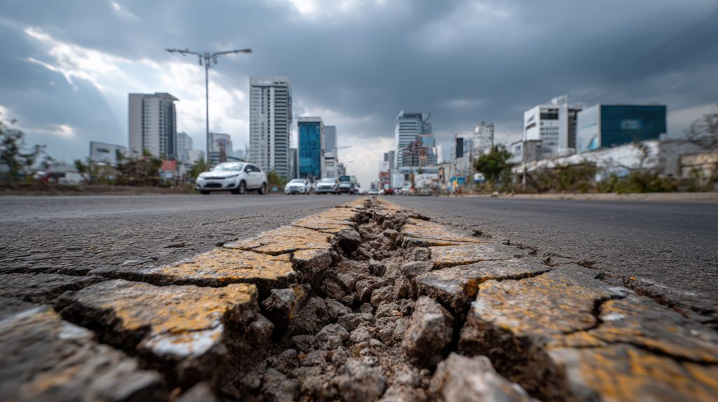A dry, cracked ground in front of a body of water and city skyline at sunset