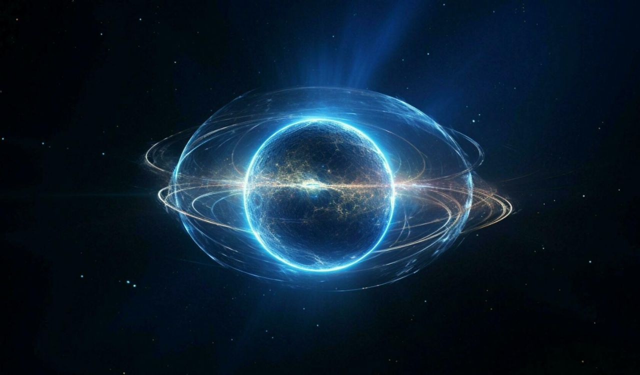 Glowing sphere orbits planet earth in space